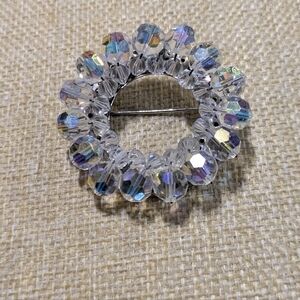 Vintage Aurora Borealis Beaded Wreath Brooch Clear Iridescent Crystal Pin